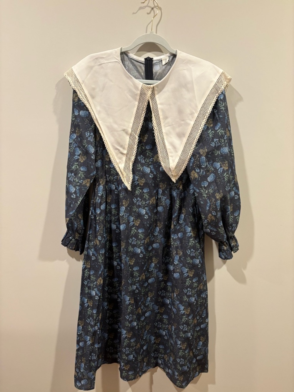 Floral Maxi Dress with Contrast White Collar - Blue